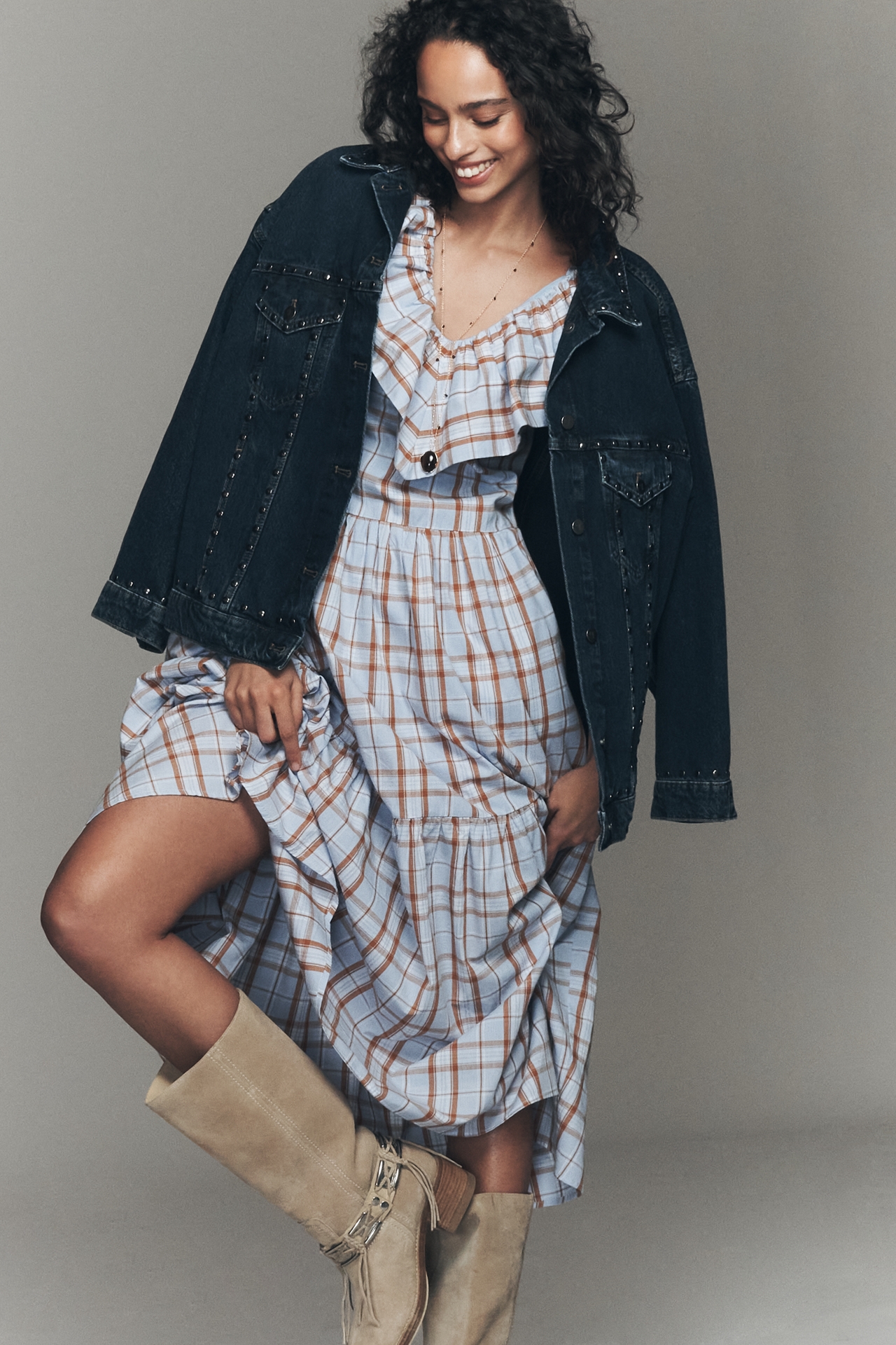 English Factory Cotton Ruffle-Neck Midi Dress