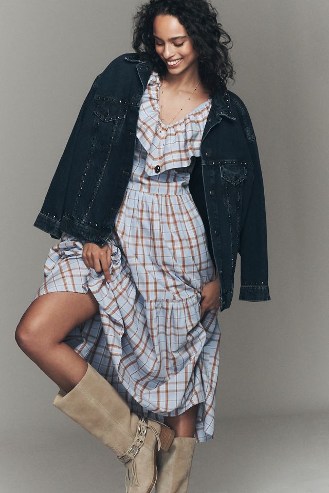 knee length dresses for ladies Plaid Ruffled Midi Dress – English Factory main image 1
