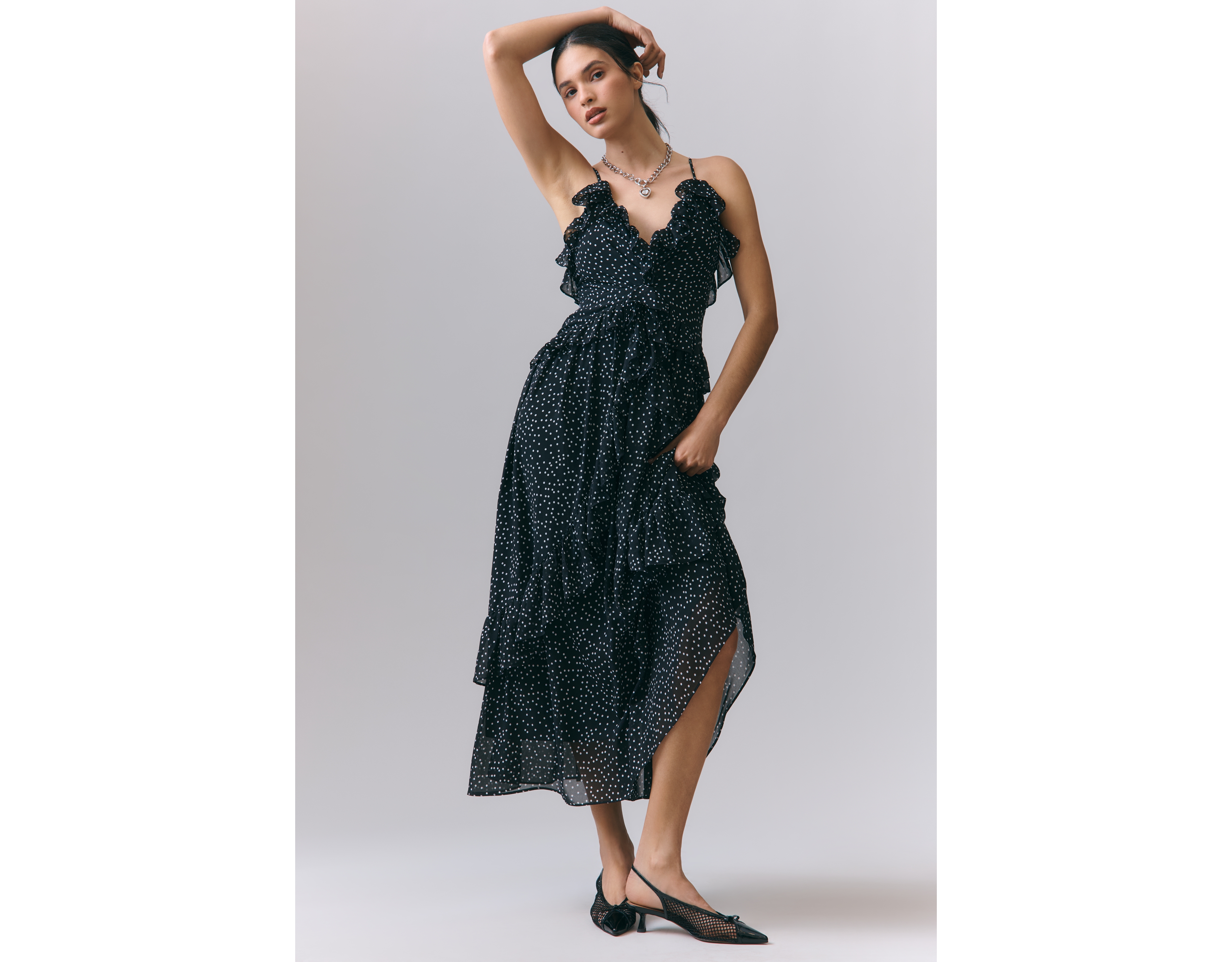 Endless Rose V-Neck Polka Dot Ruffle Midi Dress
