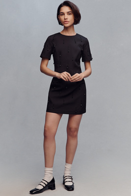 endless rose short sleeve floral embellished sheer shift mini dress Endless Rose Beaded Mini Dress, Black, Small