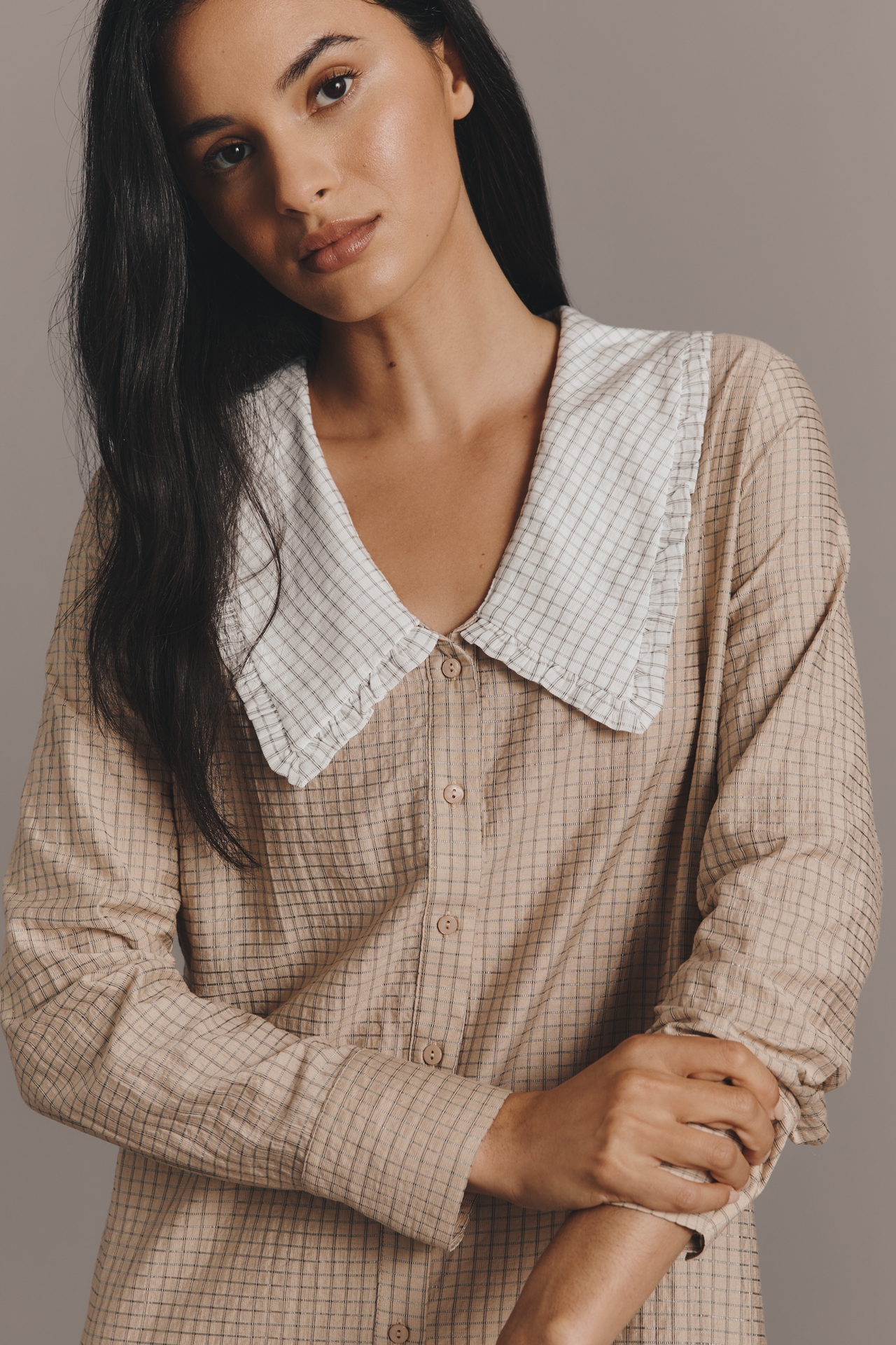 English Factory Long-Sleeve Collared Mini Shirt Dress