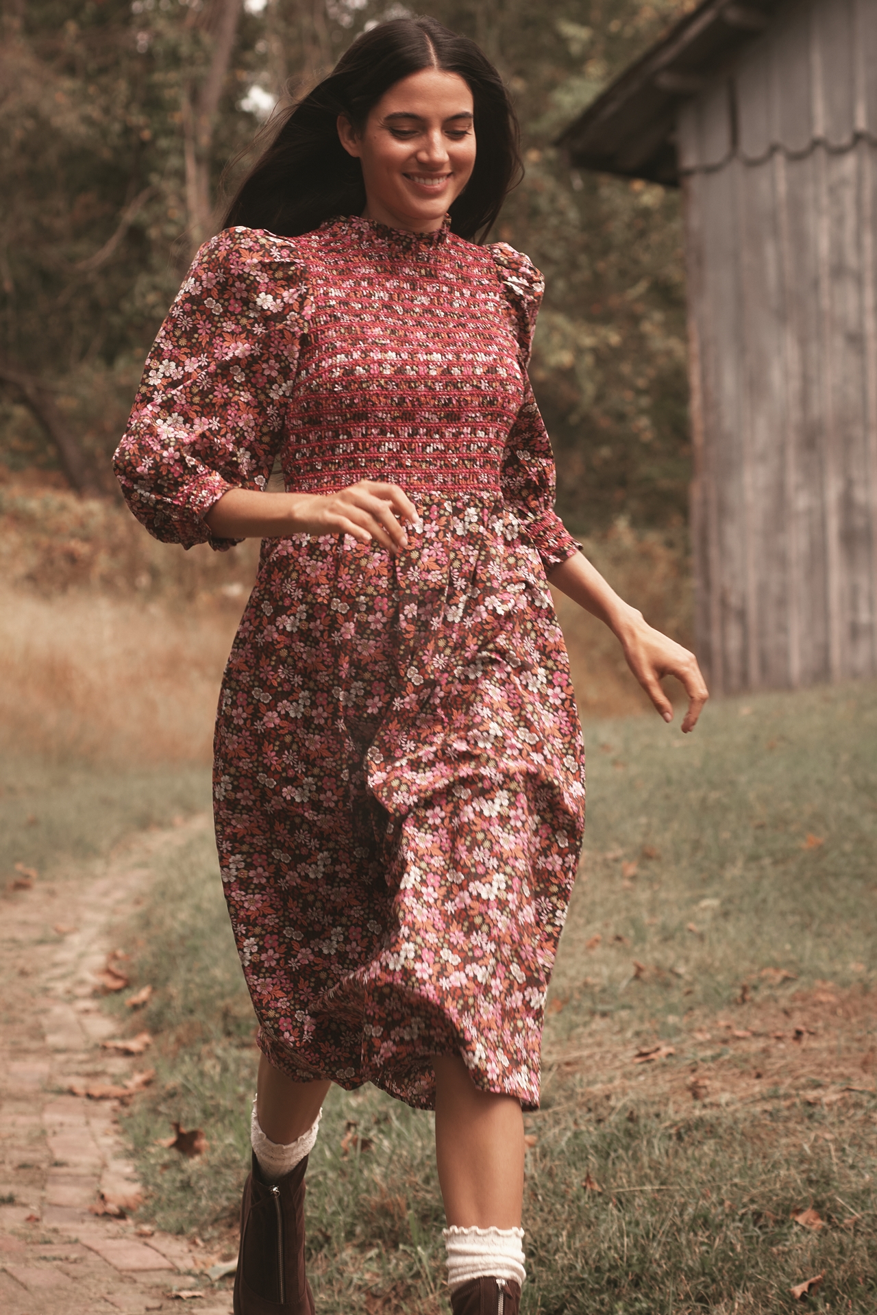 English Factory Long-Sleeve Mock-Neck A-Line Midi Dress