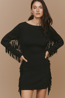 Endless Rose Long-sleeve Fringe Sweater Mini Dress In Black