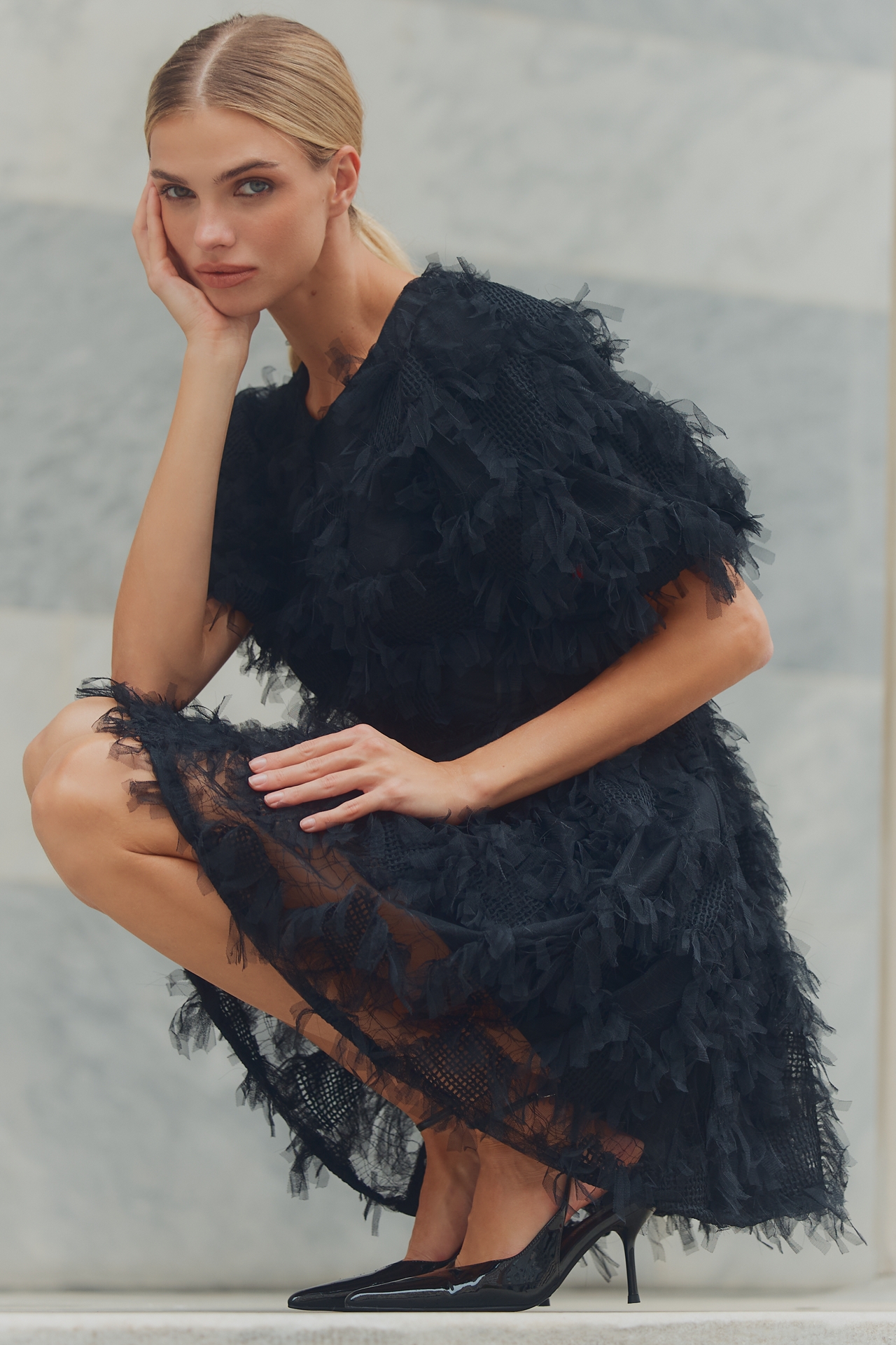 Endless Rose Short-Sleeve Faux-Feather Mini Dress