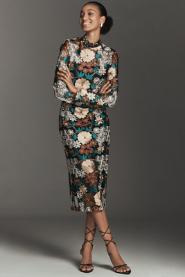 Endless Rose Long-Sleeve Mock-Neck Embroidered Midi Dress | Anthropologie