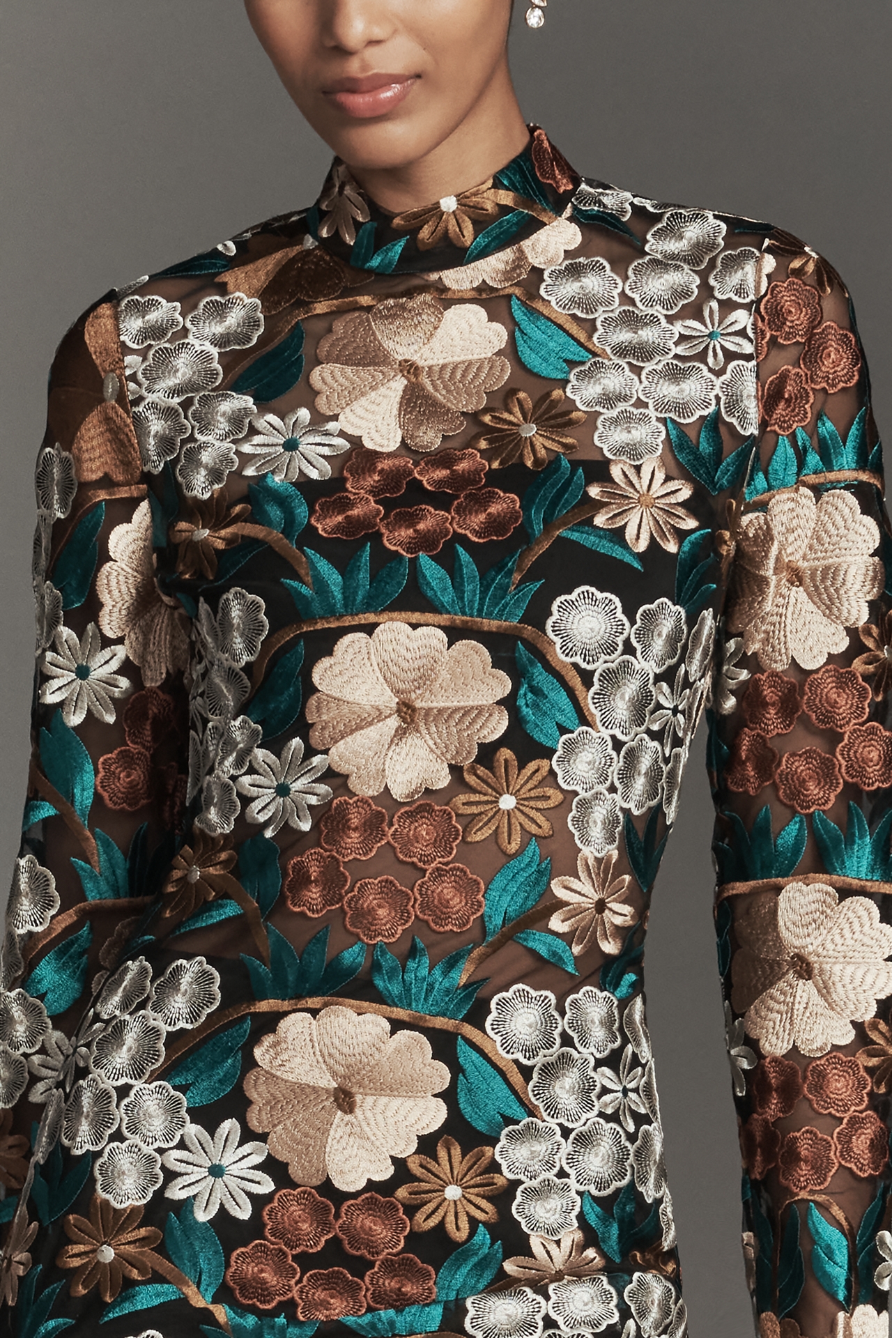 Endless Rose Long-Sleeve Mock-Neck Embroidered Midi Dress