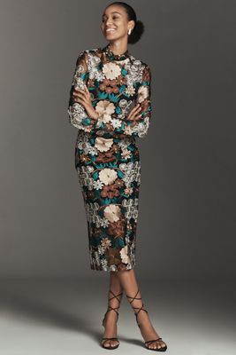 Endless Rose Long-Sleeve Mock-Neck Embroidered Midi Dress