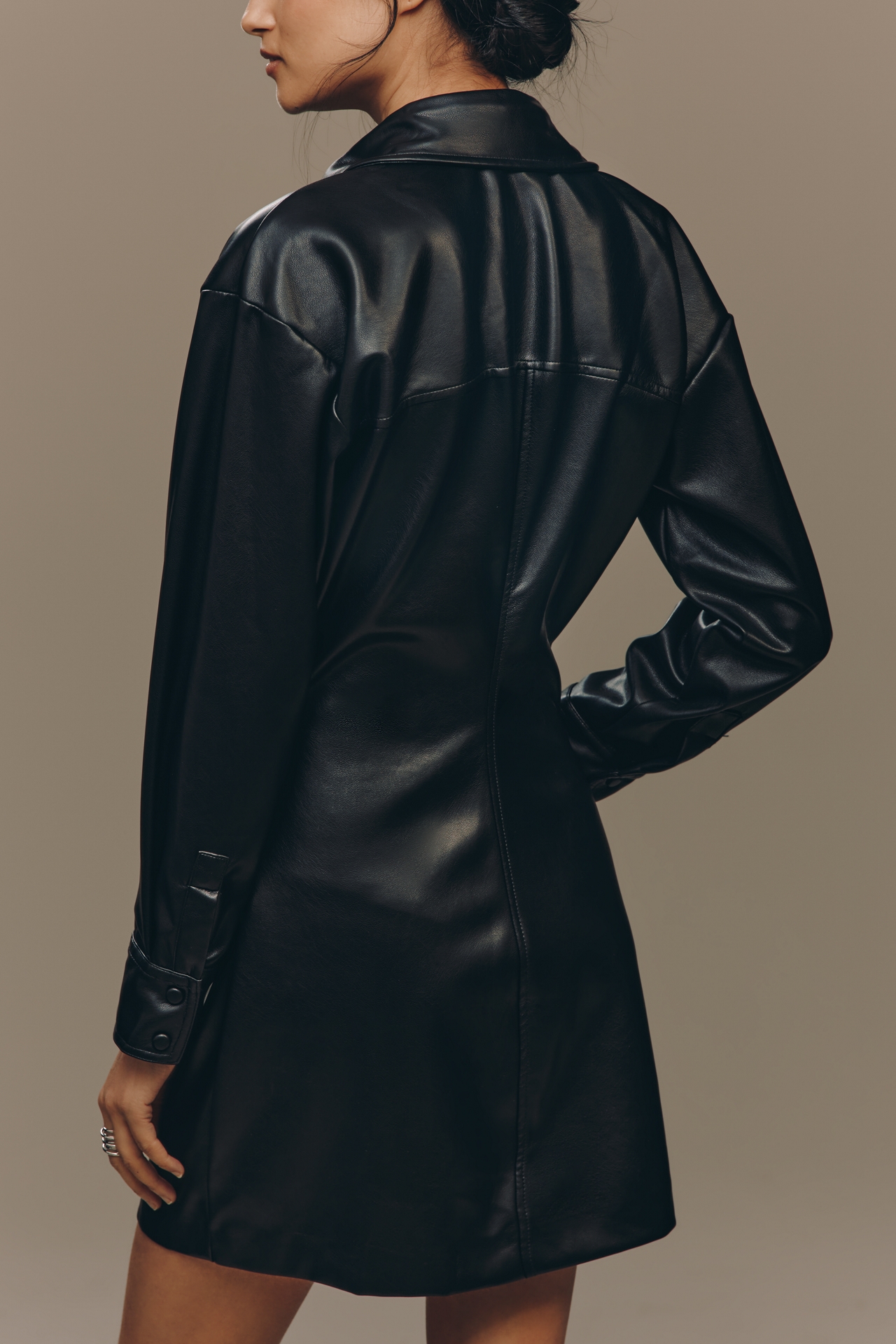 English Factory Long-Sleeve Faux Leather Mini Shirt Dress