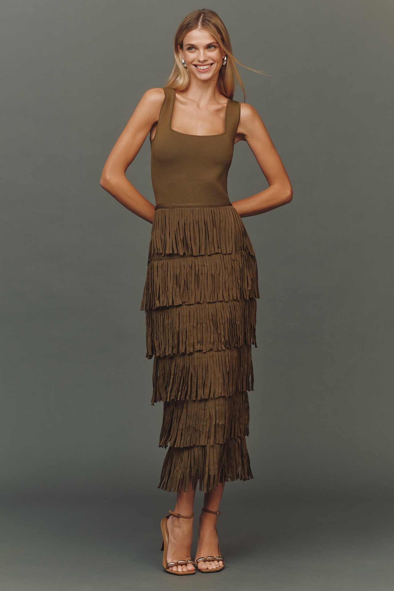 Endless Rose Square-Neck Fringe Slim Maxi Dress