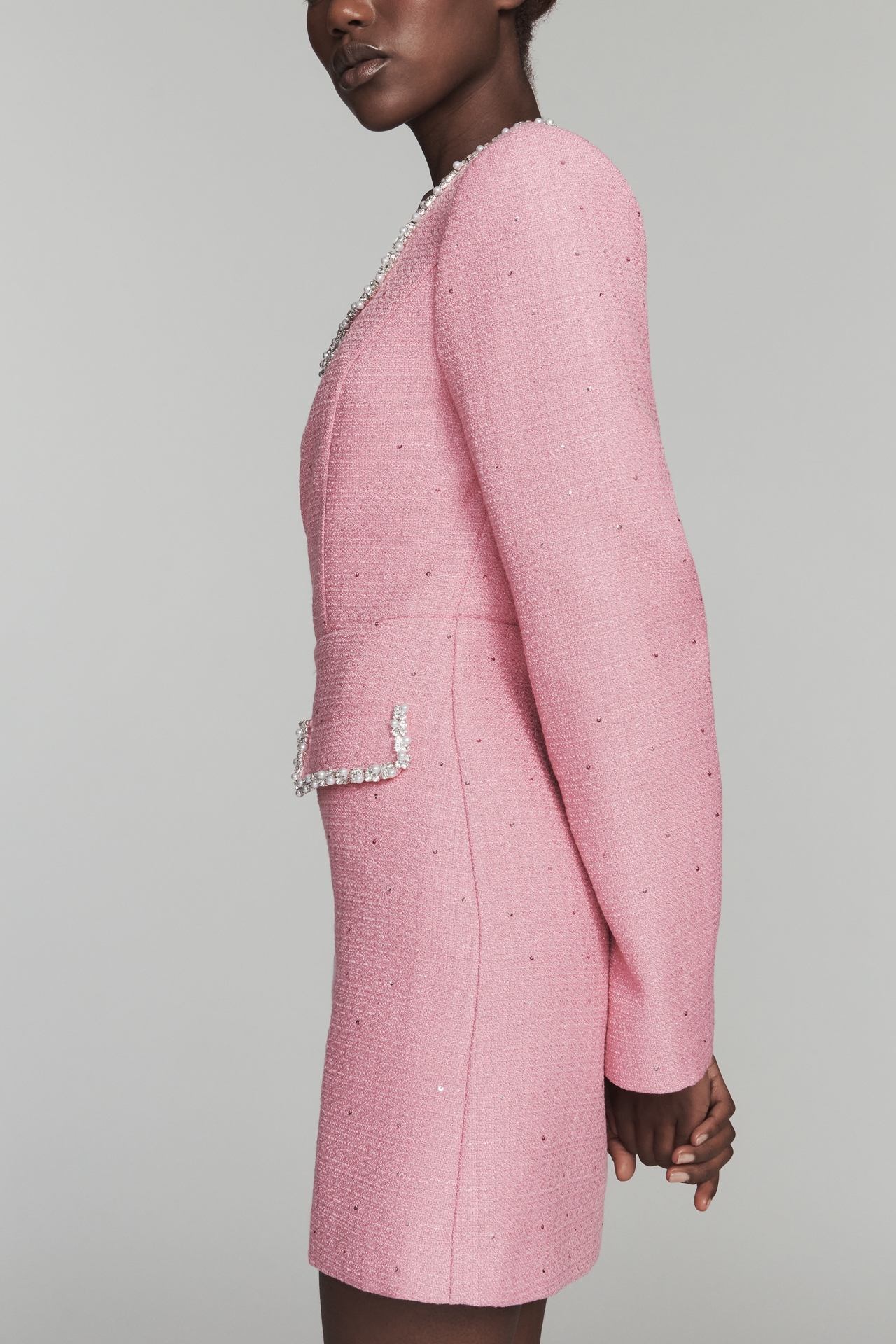 Endless Rose Long-Sleeve Square-Neck Tweed Mini Dress