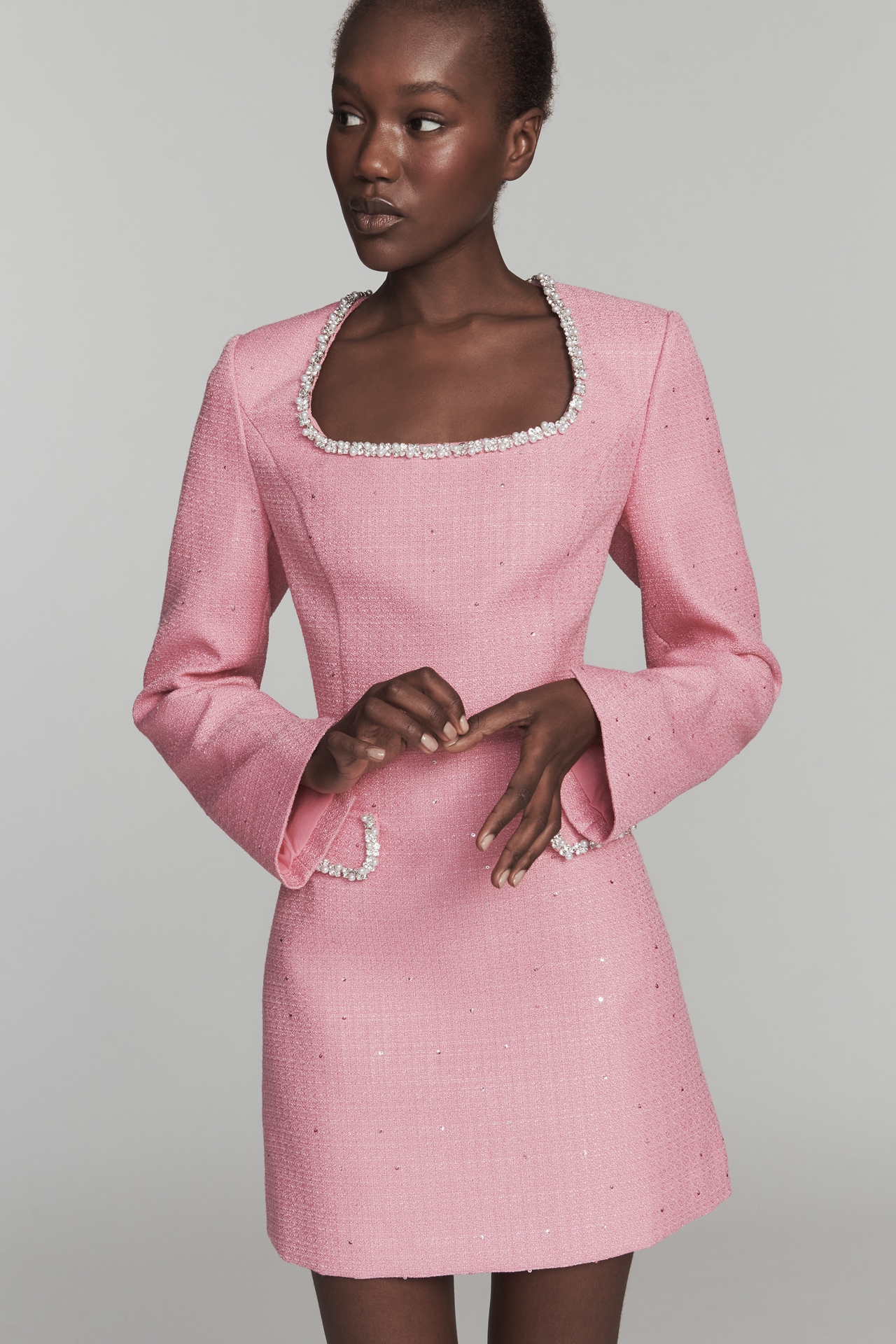 Endless Rose Long-Sleeve Square-Neck Tweed Mini Dress
