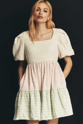 Puff-Sleeve Colorblock Mini Babydoll Dress