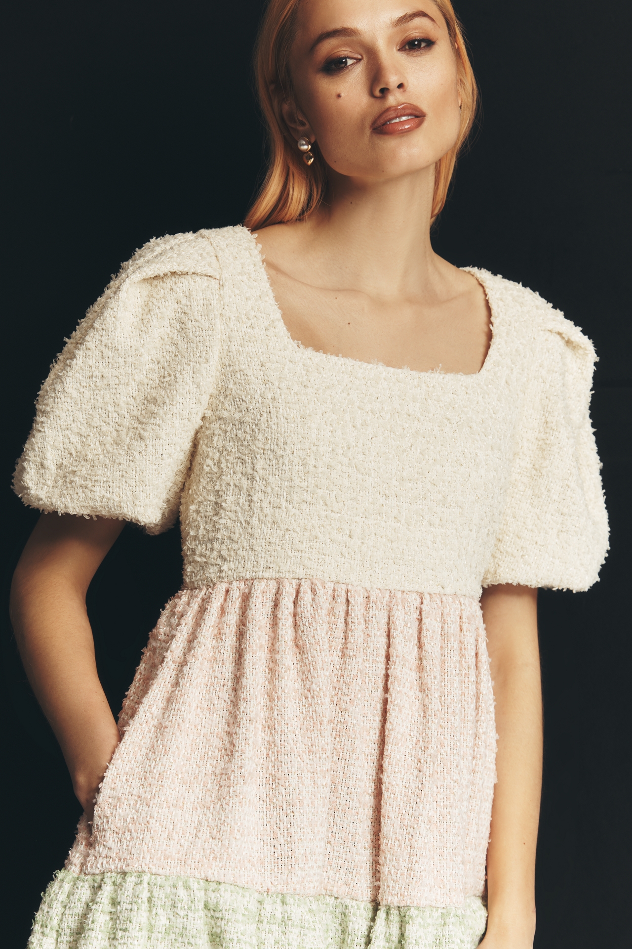 English Factory Puff-Sleeve Colorblock Mini Babydoll Dress