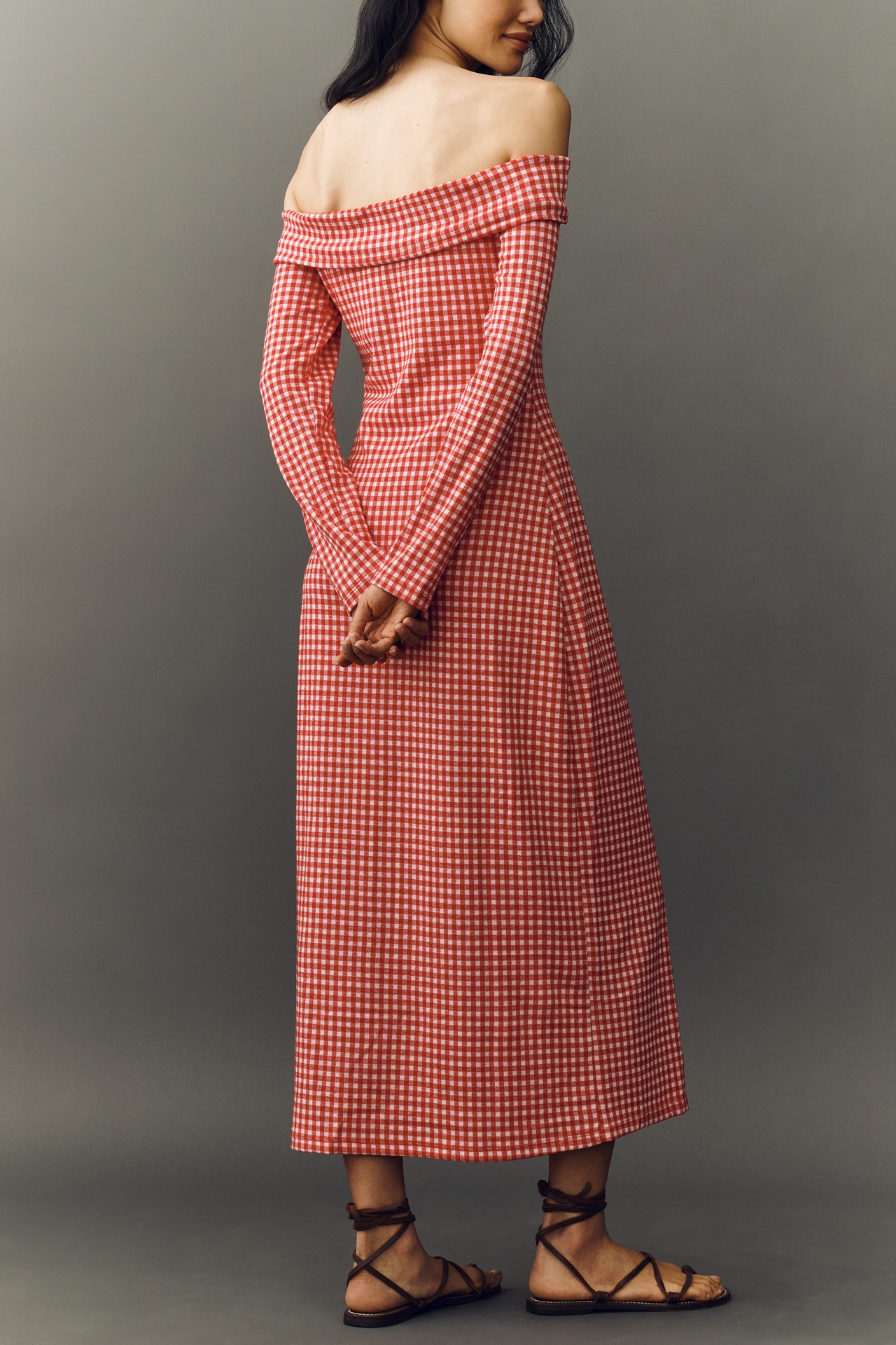 English Factory Off-Shoulder Gingham Long-Sleeve Midi Dress