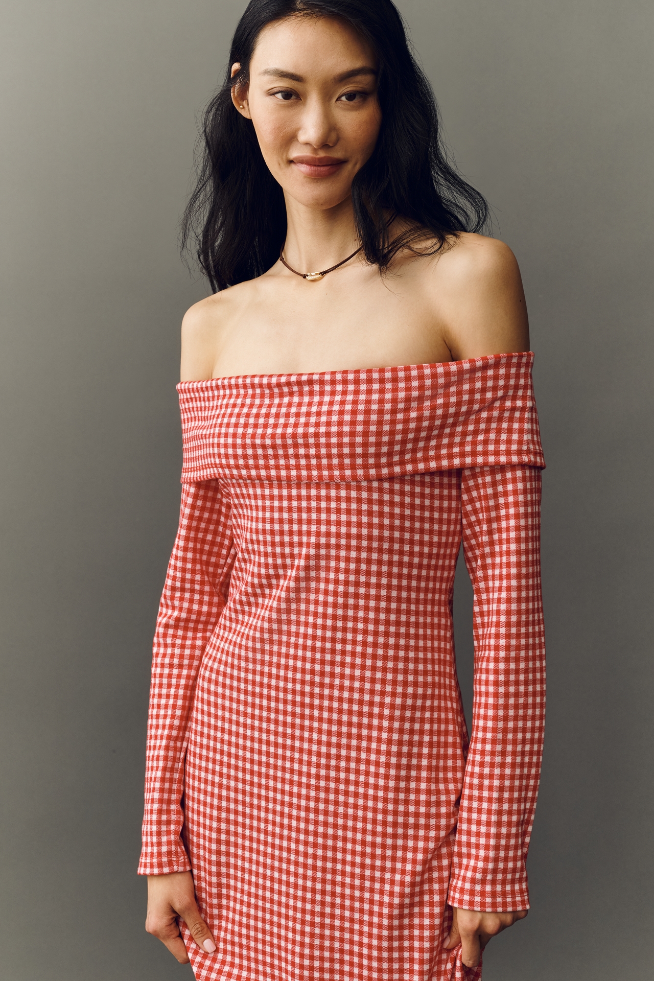 English Factory Off-Shoulder Gingham Long-Sleeve Midi Dress