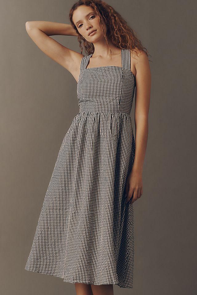 gingham midi dress Veronica Beard Aila | Navy|Dove White Material has no amount of stretch See The Light Blue Gingham
