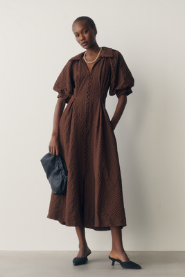English Factory Puff-Sleeve Textured Midi Shirtdress