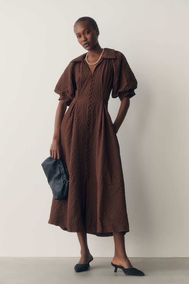 English Factory Puff-Sleeve Textured Midi Shirt Dress | Anthropologie