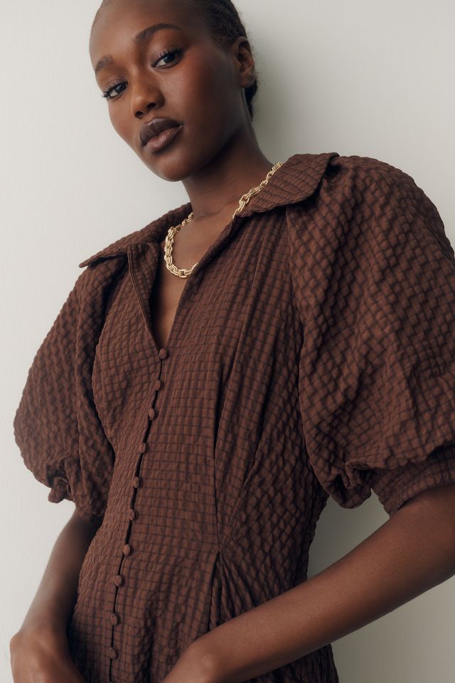 English Factory Puff-Sleeve Textured Midi Shirtdress #3