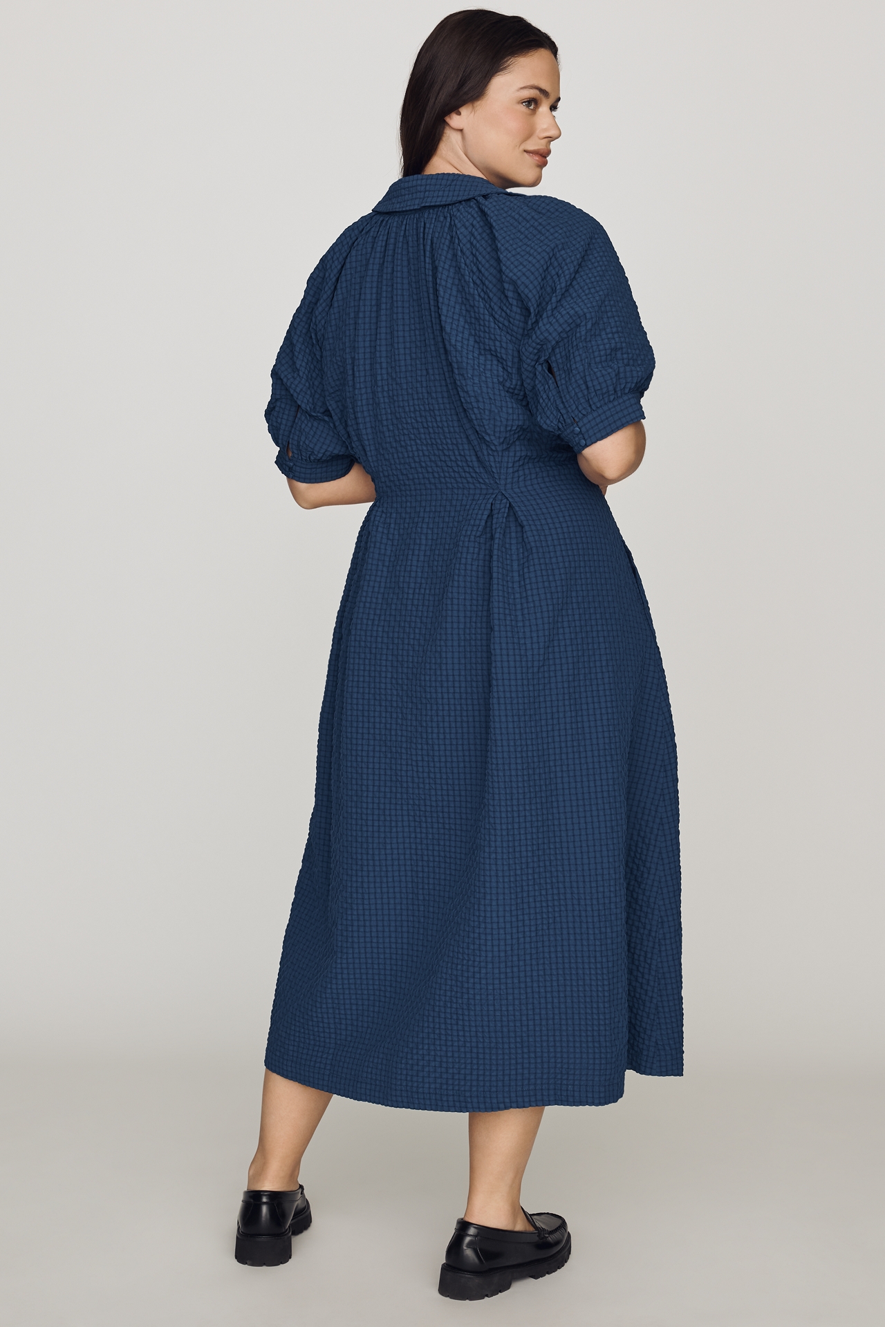 English Factory Puff-Sleeve Textured Midi Shirtdress