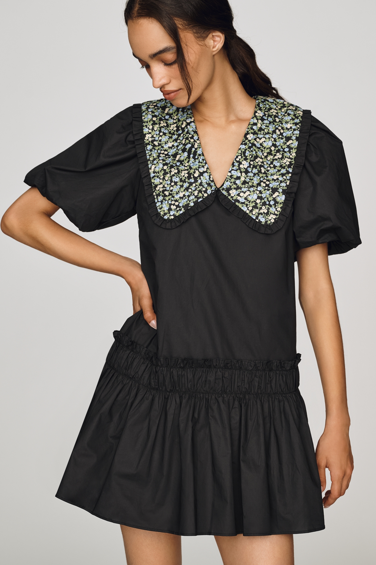 English Factory Floral Collar Drop Waist Mini Dress