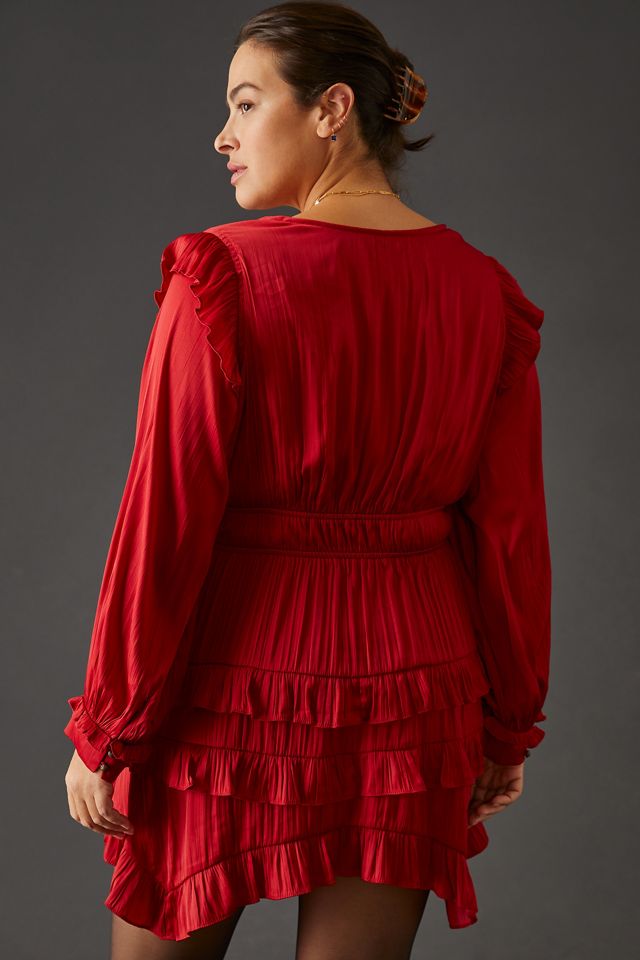 tiered ruffle silk mini dress anthropologie Va Et Vien BHLDN Anthropologie Silk Blue Tiered Ruffle Racerback Mini Dress  Sz 6