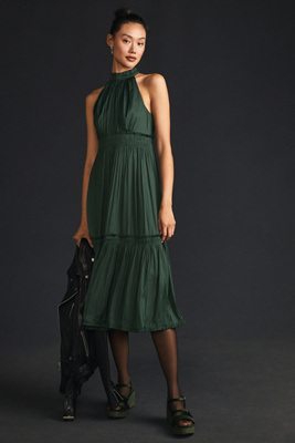 womens denim halter dress Women's Denim Halter Button Down Smocking Maxi Dress main image 0