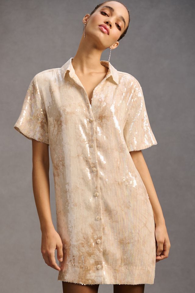pilcro long sleeve sequin mini shirt dress Long-Sleeve Sequin Mini Shirt Dress