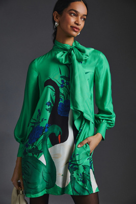 Maeve Tie-neck Mini Dress In Green