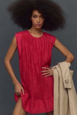 Shop By Anthropologie Cap-sleeve Plissé Mini Dress In Red