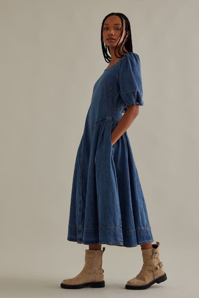 Pilcro Puff-Sleeve Seamed Denim Midi Dress | Anthropologie UK