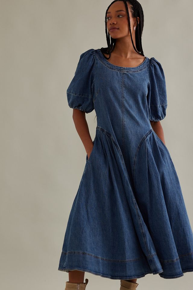 white christmas dresses Northern Sky Fringe Puff Sleeve Midi Dress Denim Blue– Selfie Leslie main image 0