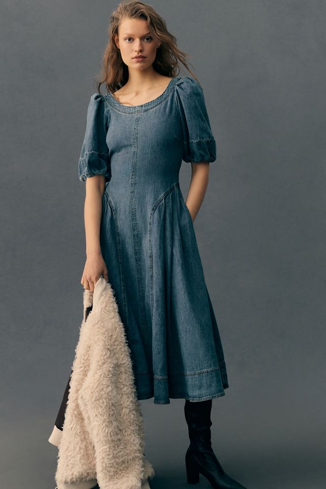 Pilcro Puff-Sleeve Seamed Denim Dress | Anthropologie