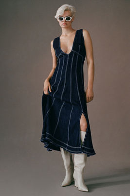 pilcro seamed v-neck denim dress Pilcro Seamed V-neck Denim Dress In Blue