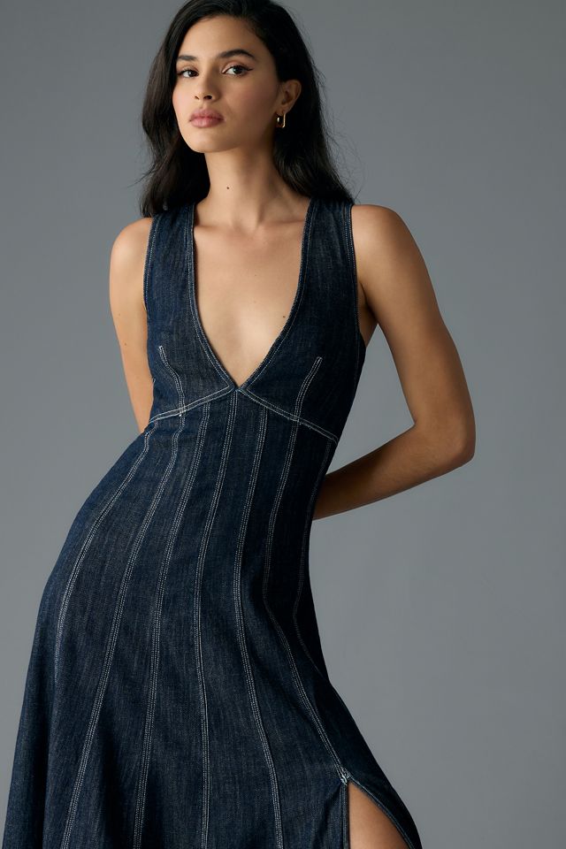 pilcro seamed v-neck denim dress Pilcro V-Neck Ruffle Denim Mini Dress at MarketFair Shoppes in Princeton, NJ