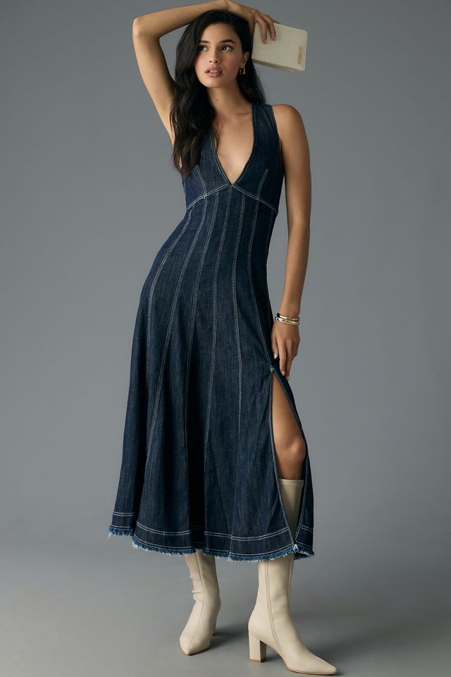 Pilcro Seamed V-Neck Sleeveless Denim Midi Dress | Anthropologie UK