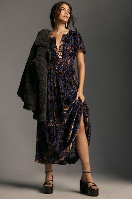 Anthropologie blue velvet clearance dress