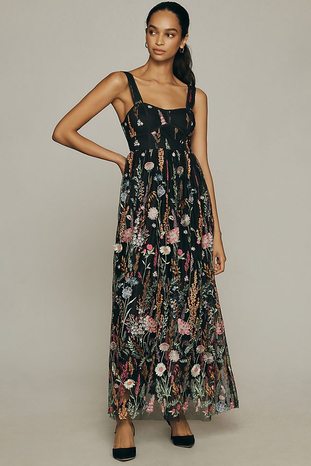 By Anthropologie Sheer Floral Embroidered Mesh Midi Dress | Anthropologie
