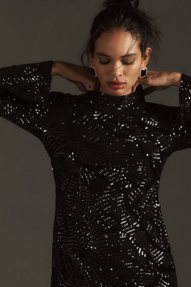 Abito Mini con Paillettes a Collo Alto e Maniche Lunghe di Anthropologie #3
