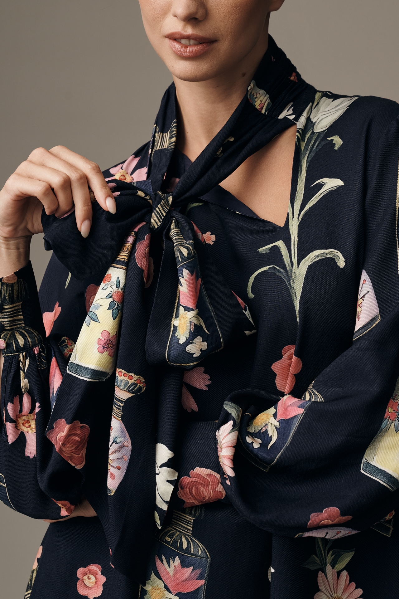 The Caroline Long-Sleeve Tie-Neck Mini Dress by Maeve