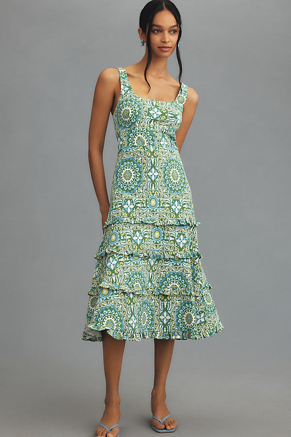 By Anthropologie Sleeveless Ruffled A-line Midi Dress In Green