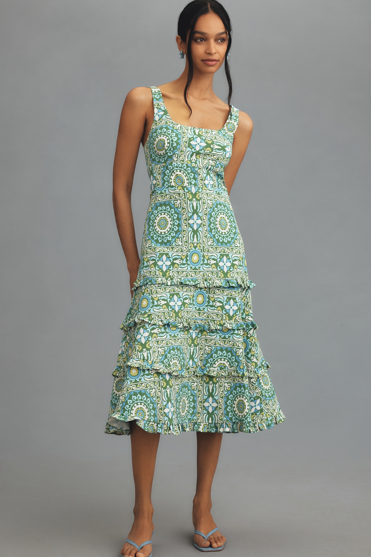 By Anthropologie Sleeveless Ruffled A-Line Midi Dress