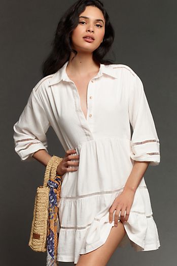 The Bettina Tiered Mini Shirt Dress by Maeve: Linen Edition