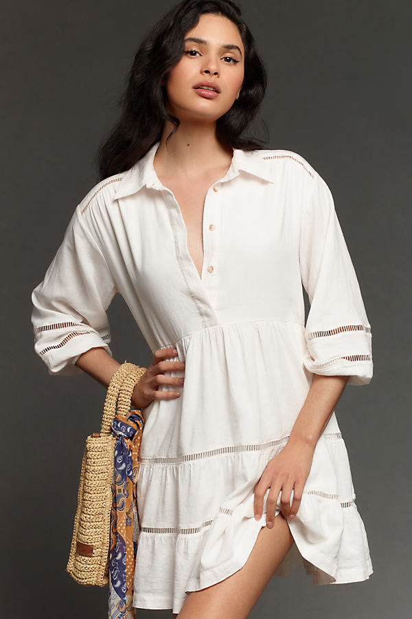 Maeve The Bettina Tiered Mini Shirt Dress By : Linen Edition In White
