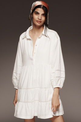 Maeve The Bettina Tiered Mini Shirt Dress By : Linen Edition In White