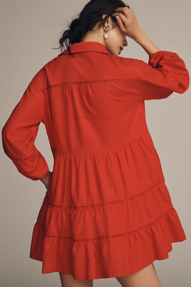 The Bettina Linen Blend Tiered Mini Shirt Dress by Maeve #1
