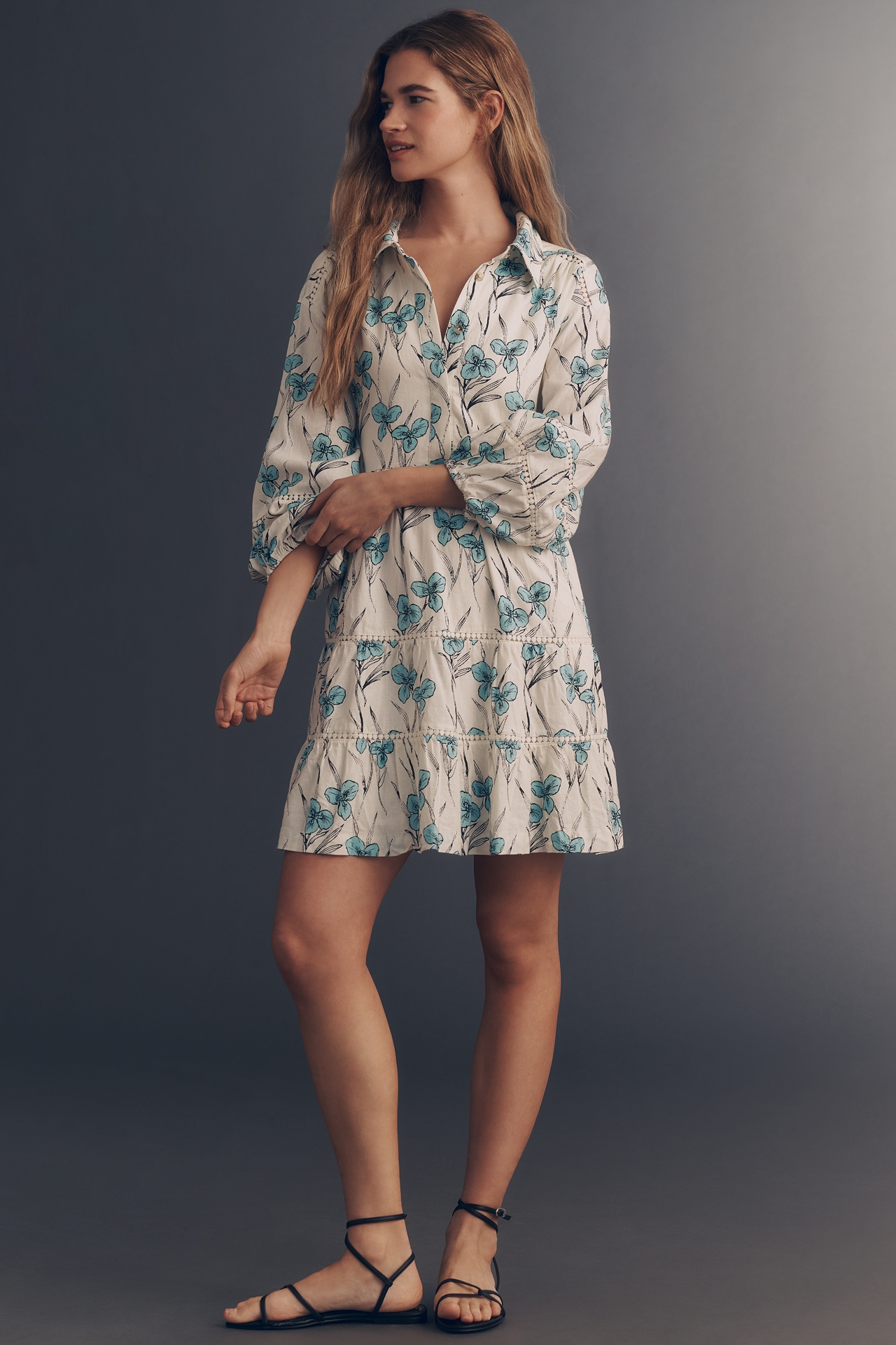 The Bettina Linen Blend Tiered Mini Shirt Dress by Maeve