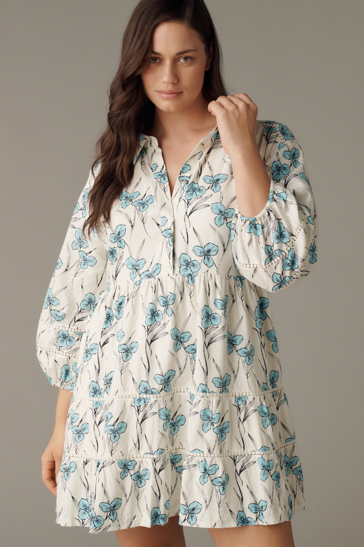 The Bettina Linen Blend Tiered Mini Shirt Dress by Maeve
