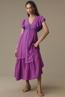 Shop By Anthropologie Flutter-sleeve Tipped Midi Dress In Purple