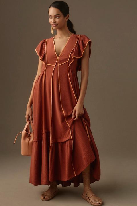 By Anthropologie Flutter-Sleeve Tipped Midi Dress
